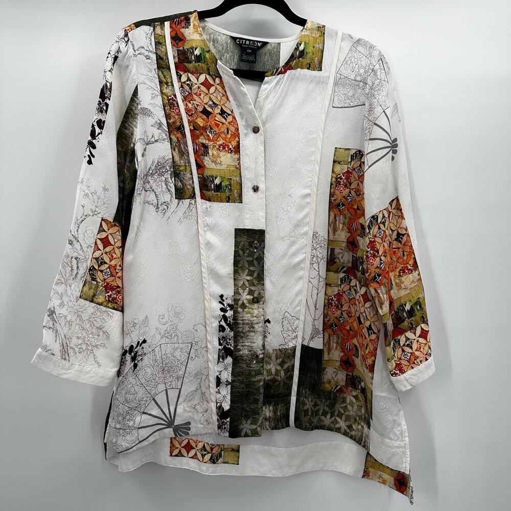 Citron Santa Monica Top Shirt Womens Medium Petite Cream Button Silk‎ Asian